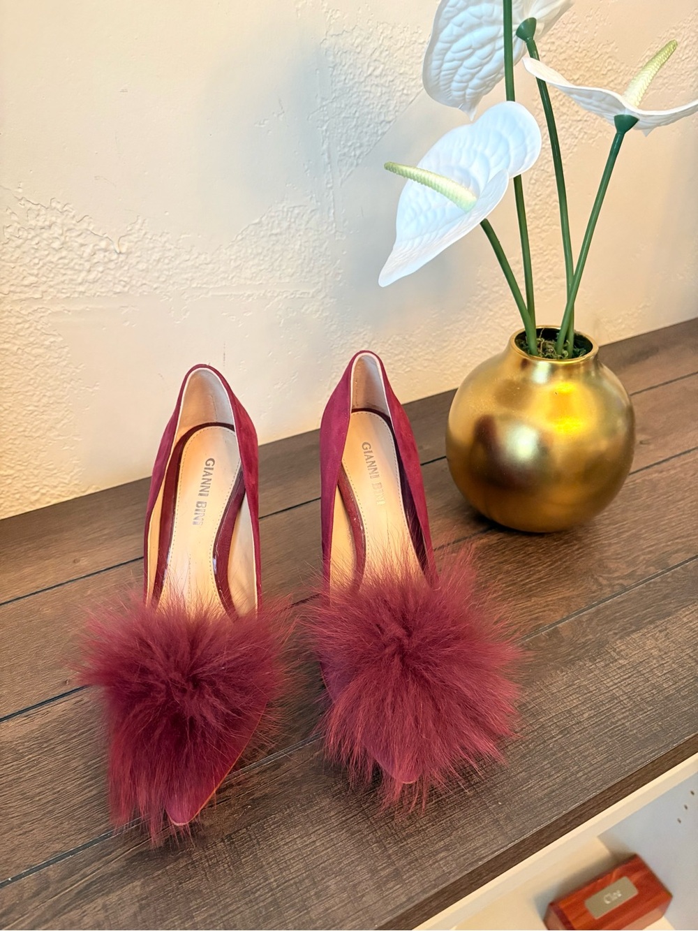 Gianni Bini Burgundy Pom-Pom Pointed Toe Pumps